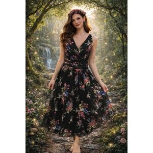 VTG DJ Summers Womens Dress 12 Black Floral Ruched Chiffon Dark Fairy Romantic